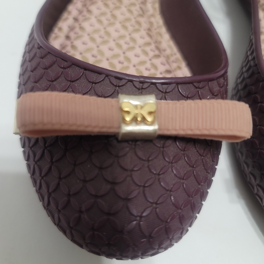 Zaxy Plum Colored Mary Jane Jelly Flats With Gold/light Pink Bows Sz7 - Picture 5 of 12